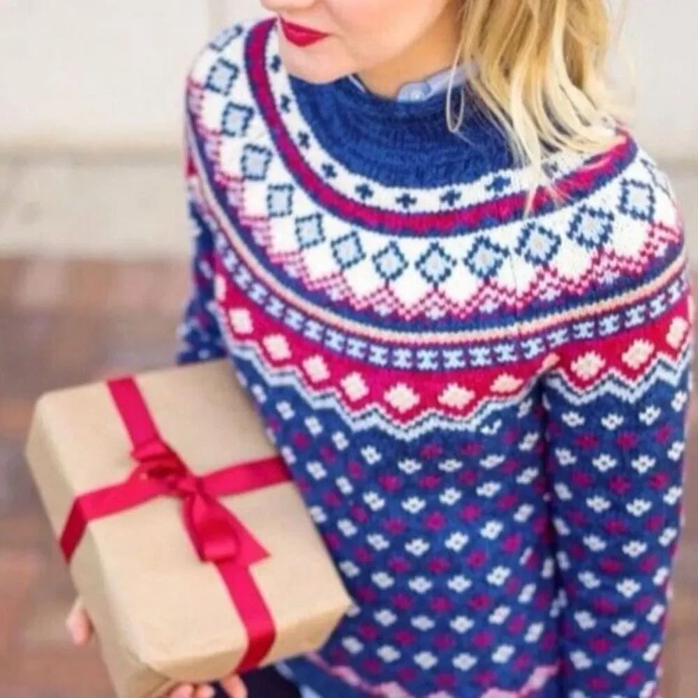Lands' End Women's Blue and Pink Patterned Sweater